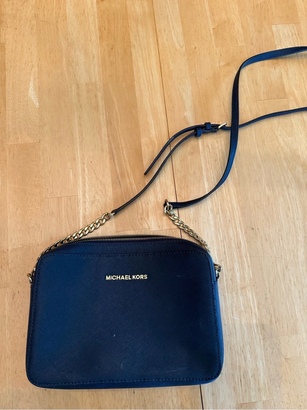 Michael Kors Navy Leather Crossbody with Gold Chain Accent